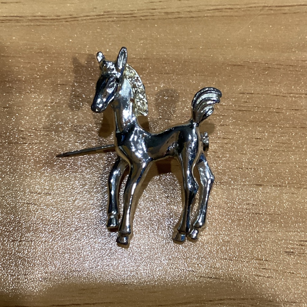 Vintage Silver Horse/Foal with Rhinestones Brooch